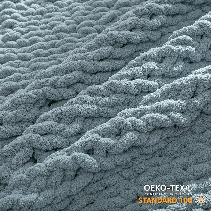 WESHIONGOO Chunky Knit Blanket Throw 51"×63" Knitted Throw Blankets for Couch Bed Fluffy Soft Blanket with Jumbo Chenille Yarn Thick 100% Handmade(Dusty Blue)