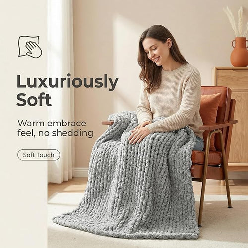 Amélie Home Chunky Knit Throw Blanket for Couch, Soft Chenille Crochet Blanket for Sofa, 50"x60", Light Grey