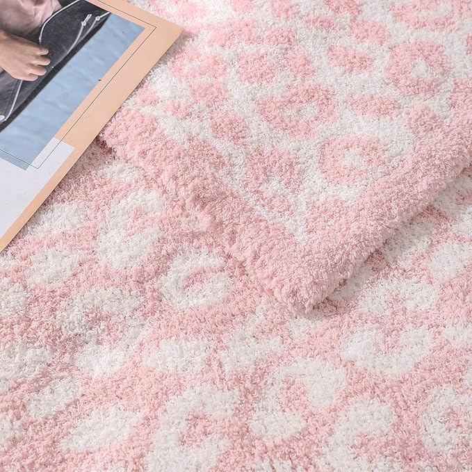 bearberry Fuzzy Leopard Knitted Throw Blanket Soft Cozy Warm Microfiber Blanket for Couch Sofa Bed Travel (Pink/Cream, 51"x70")