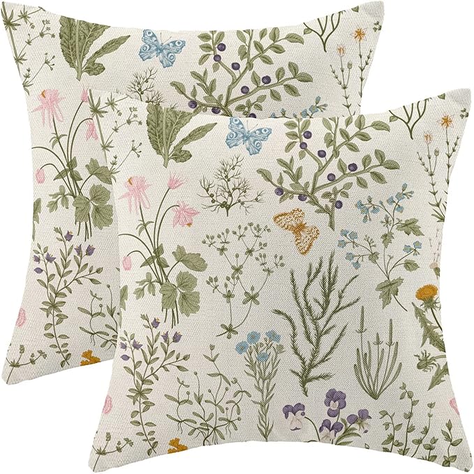 AEIOAE Spring Pillow Covers 16x16 Inch Set of 2,Sage Green Wild Flower Plant Throw Pillows Case,Seasonal Floral Outdoor Decorative Square Linen Farmhouse Decor Cushion Covers for Home Sofa Bed Couch