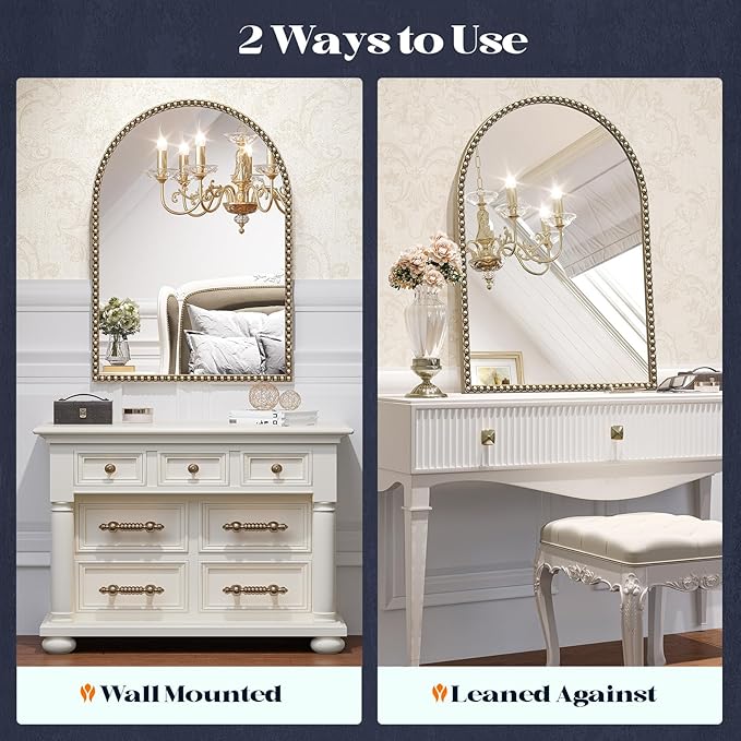 Beaded Arched Mirror for Wall, 22"x30" Gold Arch Bathroom Vanity Mirror, Retro Brass Metal Frame Decorative Mirror for Bedroom Dressing Room Entryway Fireplace