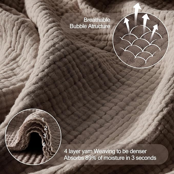 WDCOZY 100% Cotton Muslin Blanket King Size 4-Layer for Bed Breathable Lightweight Soft Large Boho Farmhouse Linen Tassels Ruffle Gauze Blankets 108x90 Inches Brown Mocha Chocolate Coffee Taupe