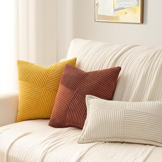 Topfinel Set of 2 Decorative Yellow Throw Pillow Covers 12x12 Inch, Soft Corduroy Pillow Covers Windmill Textured Striped Patchwork Cushion Cases for Couch Sofa Bed Cute Aesthetic Home Decor