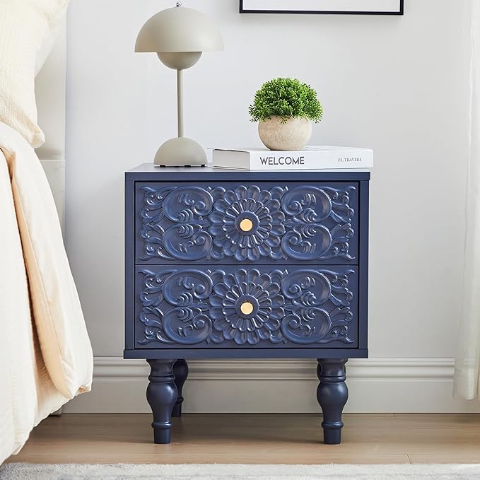 Nightstand, Farmhouse Bedside Table with 2 Drawers and Metal Handles, Wood Sofa Side Table End Table Accent Dresser for Bedroom, Living Room (Blue-2 Packs) (15.75 x 16.02 x 18.15 Inch)