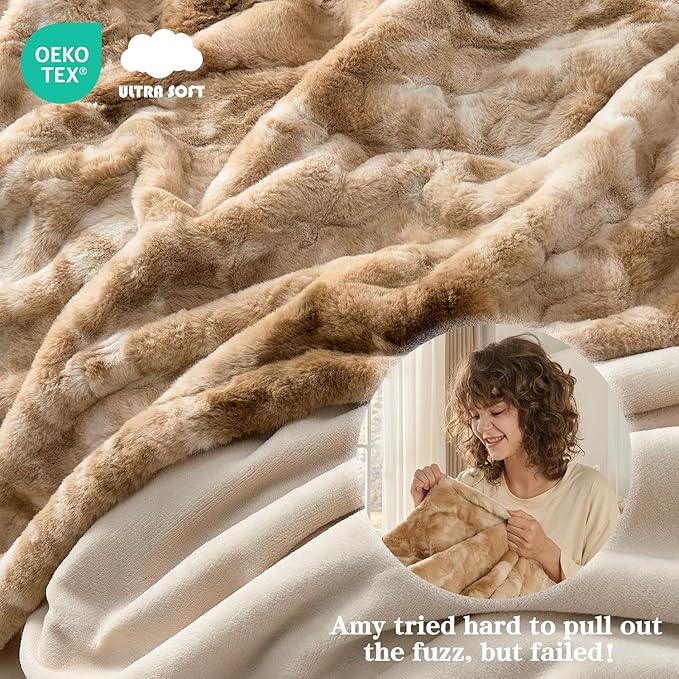 Krifey Faux Fur Blanket for Queen Size Bed, 3D Texture Soft Cozy Fuzzy Plush Warm Blanket, Christmas Birthday Gifts for Women Mom Girlfriend Men, Room Decor, Marbled Beige, 90x90in