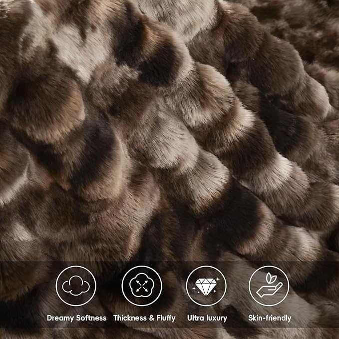 PHF Luxury Faux Rabbit Fur Blanket Twin Size, Ultra Soft Fluffy Plush Cozy Warm Bubble Blanket for Bed, Couch, Sofa Decorative, Thick Reversible Suitable for Fall & Winter, 60" x 80", Tie Dye Brown