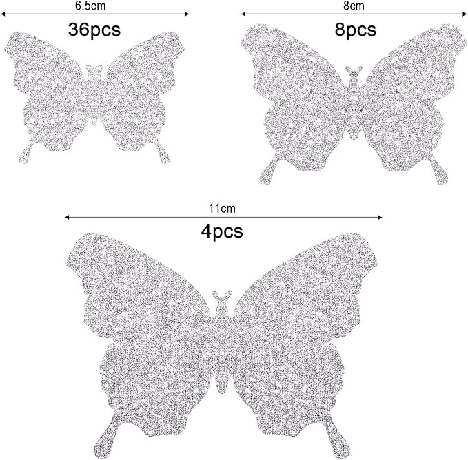 BBTO 48 Pieces Butterfly Wall Decor DIY 3D Mirror Butterfly Stickers Removable Decals Crafts for Birthday Party Bedroom School Bathroom Living Room Decor(Glitter Silver)