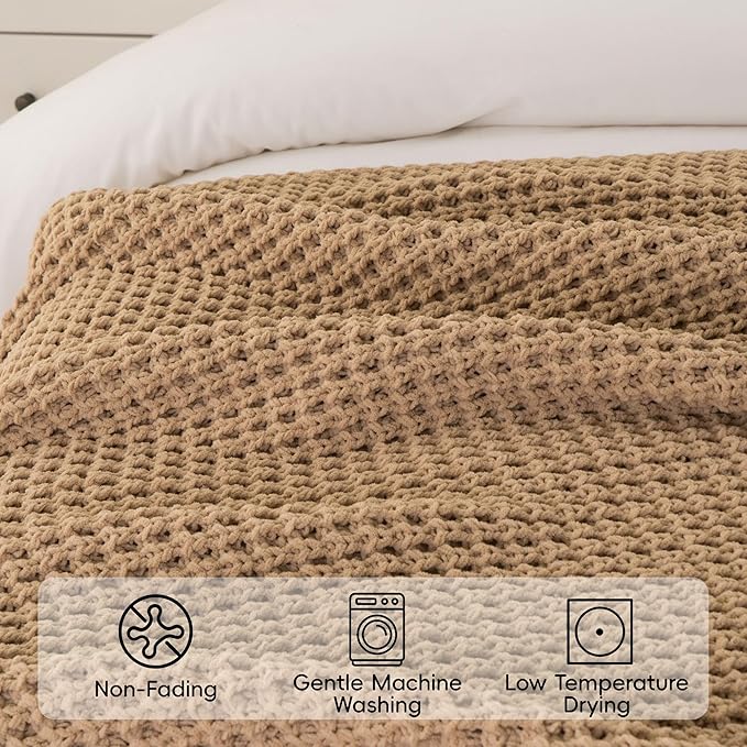 Bunnikins & Clover Beige Throw Blanket for Couch, Knitted Beige Throw for Bed, Neutral Throw Blankets Tan Blanket for Room Decor Housewarming Gifts, 60"x80"