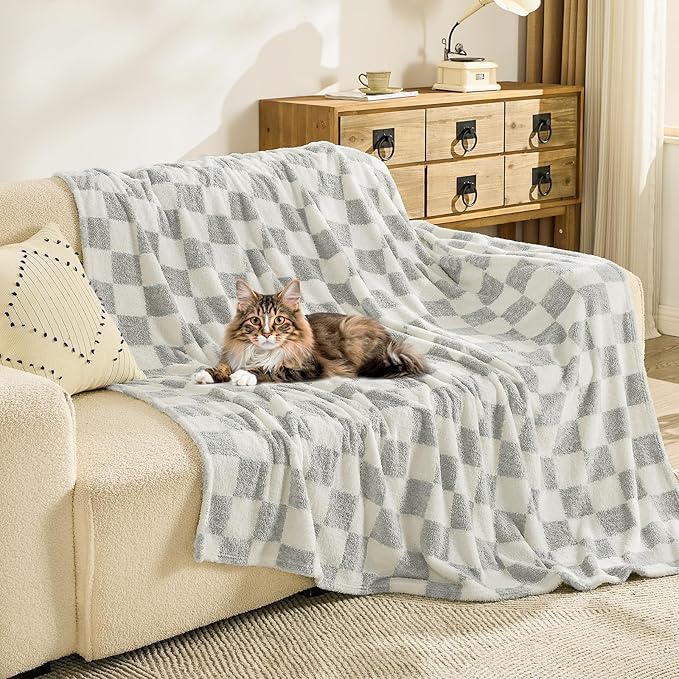 EMME Checkered Blanket Queen Size - 80"x90" Grey Knit Blanket Soft Fluffy Patterned Throw Blankets for Couch, Sofa, Chair, Bed, Camping, Picnic, Travel