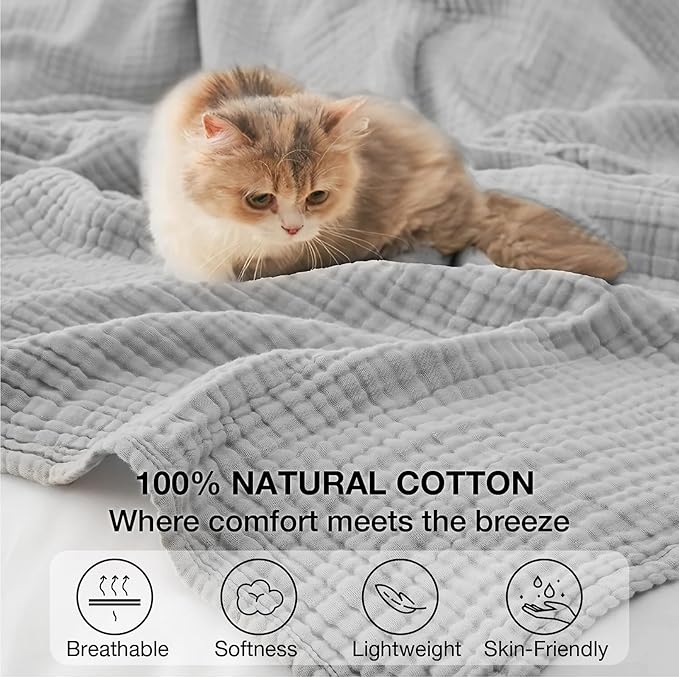 100% Cotton Muslin Blanket Large 50" x 70", Breathable and Lightweight Cotton Throw Blankets for Bed and Couch, Soft Cooling Summer Gauze Blanket for Adults All Season, Light Grey