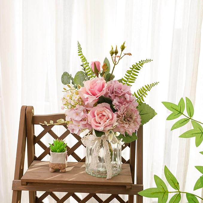 LUEUR Fake Flowers with Vase – Artificial Pink Dahlia & Hydrangea Arrangement, Spring Floral Centerpiece for Coffee Table, Dining Room, Living Room & Farmhouse Home Decor
