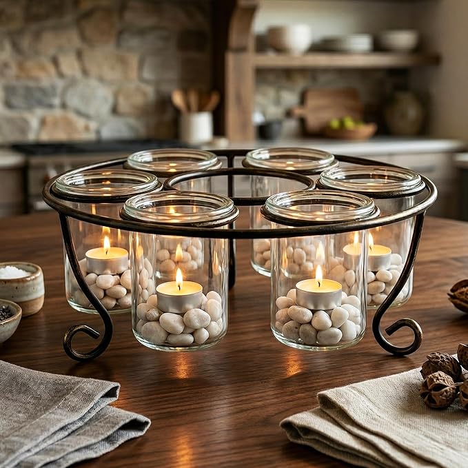 Metal 6-Cup 11.75" Round Floating Candle Holder Table Centerpiece with Large Glass Cups for Weddings, Outdoor Patio, Dining Room, and Coffee Tables, Black with Brushed Gold