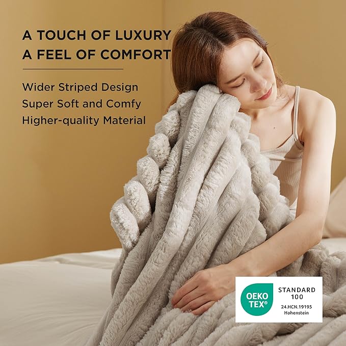 Bedsure Twin Blanket for Couch - 350GSM Super GentleSoft Fuzzy Fluffy Cozy Blankets for Women, Cute Small Plush Fleece Throws for Girls, Linen，60x80 Inches, Wider Striped Design
