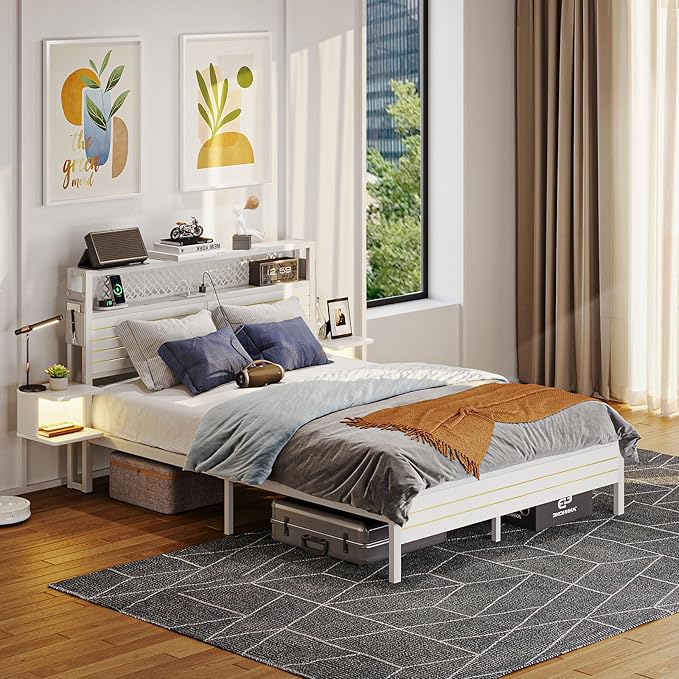 Bestier King Bed Frame with Horizontal Golden Stripe Storage Headboard&LED Nightstands, Metal Platform Bed with Charging Station, Heavy Duty Metal Slats, No Box Spring Needed, Noise Free(White)