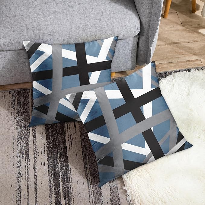 Emvency Set of 2 Throw Pillow Cover Blue Grey Stripes Black White Design Retro Decorative Pillow Case Striped Home Decor Square 18x18 Inch Cushion Pillowcase