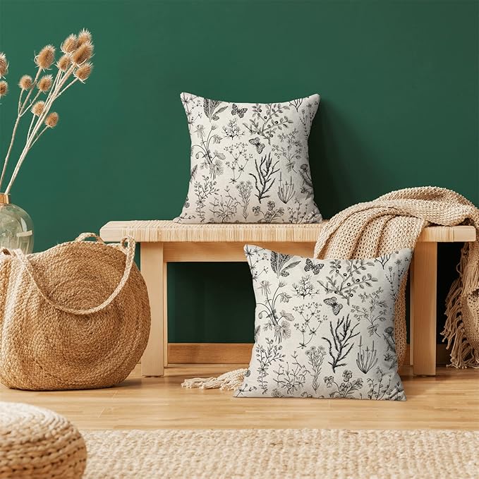 AEIOAE Spring Pillow Covers 18x18 Inch Set of 2,Black Gray Wild Flower Plant Throw Pillows Case,Seasonal Floral Outdoor Decorative Square Linen Farmhouse Decor Cushion Covers for Home Sofa Bed Couch