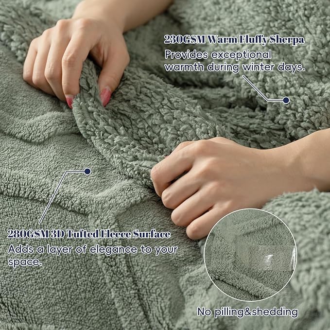 PHF Fluffy Sherpa Fleece Blanket Twin Size for Winter, Warm and Cozy, 510GSM 3D Tufted Shaggy Fleece Blanket for Sofa Bed, Sage Green, 60"x80"
