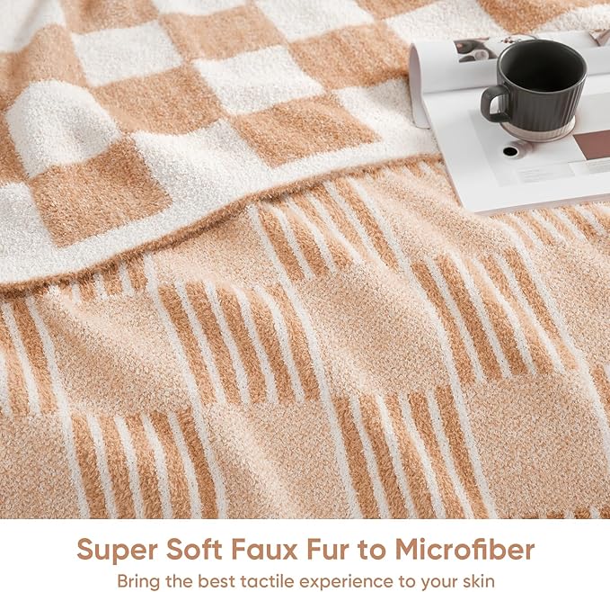 Snuggle Sac Checkered Throw Blanket Faux Fur Microfiber Blankets for Couch,Reversible Soft Cozy Warm Blanket for Sofa Bedroom,Cute Lightweight Striped Throws for Women,Heather Beige,50x60 inches