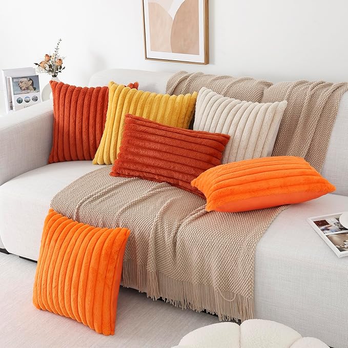 Pallene Faux Fur Plush Fall Throw Pillow Covers 26x26 Set of 2, Luxury Soft Fluffy Striped Decorative Pillow Covers for Sofa, Couch, Living Room, Rust