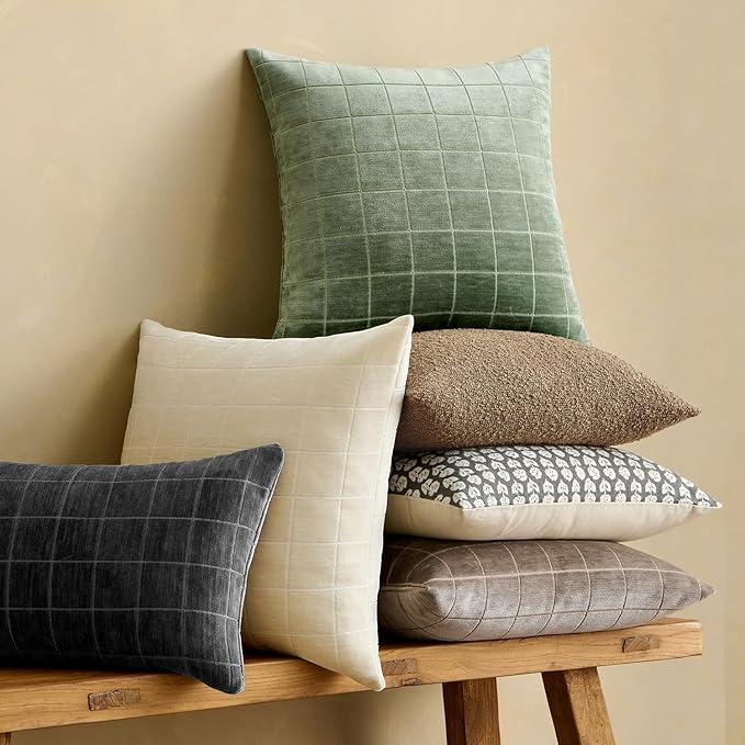 MIULEE Decorative Chenille Check Throw Pillow Covers Vintage Plaid Couch Pillows 18x18 Inch Set of 2 Neutral Boho Farmhouse Cushion Covers Modern Spring Home Decor for Sofa Bed Living Room Sage