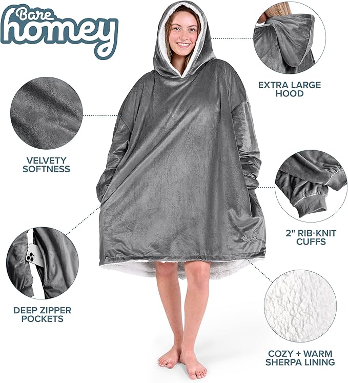 Bare Home Wearable Blanket Hoodie - Soft Plush Sherpa - Warm and Cozy - Oversized Wearable Blanket - Adult & Kid Sizes