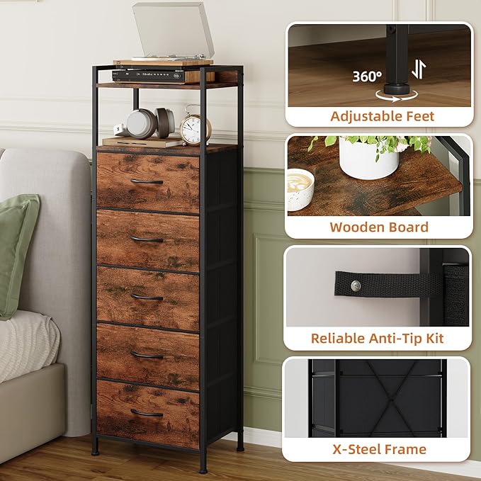 Somdot Tall Nightstand for Bedroom, Tall 5 Drawers Dresser, Vertical Storage Tower Unit, Nightstand Furniture with Fabric Drawer Organizer in Bedside Kids Room, Laundry Entryway, Wood Grain Print