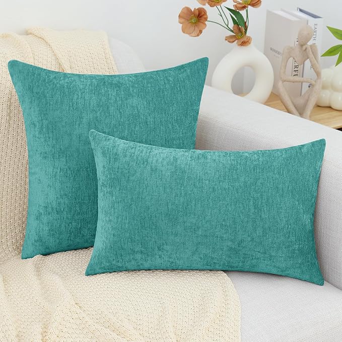 decorUhome Chenille Turquoise Summer Throw Pillow Covers 22x22 Inch Set of 2, Decorative Soft Couch Pillow Covers Solid Dyed Accent Farmhouse Neutral Square Pillow Cases for Sofa