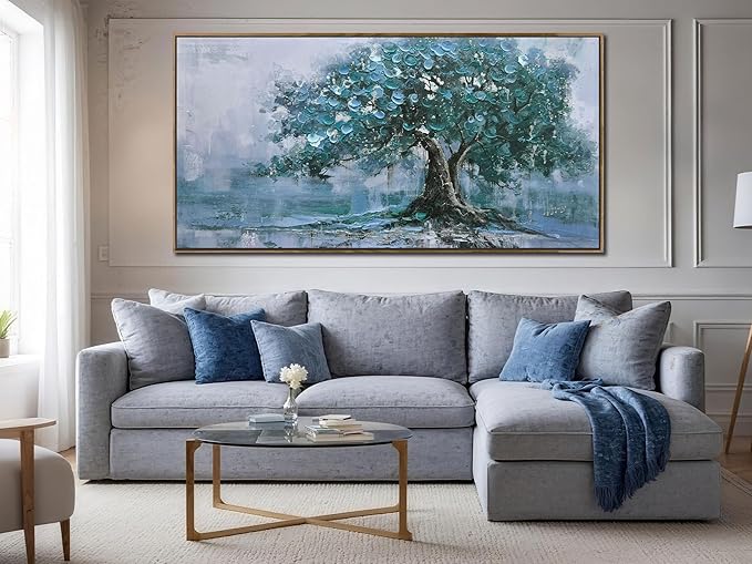 Ardemy Framed Tree Canvas Wall Art for Living Room Large, Teal Tree of Life Picture Wall Decor Landscape Bedroom Nature Painting Artwork Home Office Dining Room Kitchen 48"x28"