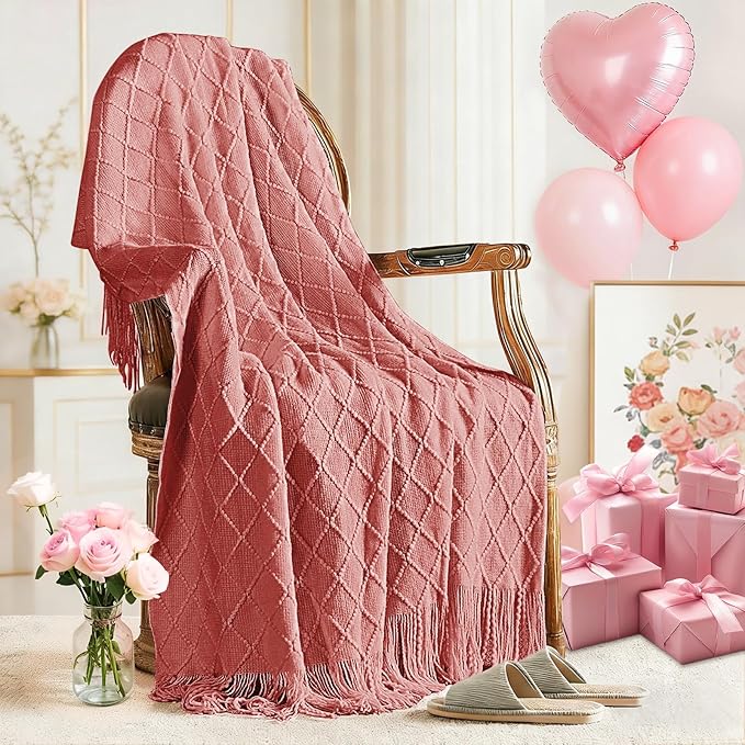 inhand Coral Pink Knitted Throw Blanket for Couch Bed, Mothers Day/Mom Birthday Gifts for Mom from Daughter Son, Soft Lightweight with Tassels, Farmhouse Warm Decorative Blanket for Women, 50"x60"