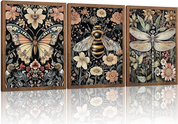 Retro Insect Wall Art Set of 3, Butterfly Bee Dragonfly Gothic Botanical Prints, Rustic Nature Animal Canvas Wall Decor for Living Room Bedroom Office Farmhouse Home Decor 12x16In Wood Framed