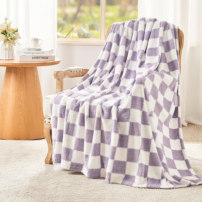 EMME Checkered Blanket Queen Size - 80"x90" Lavender Knit Blanket Soft Fluffy Patterned Throw Blankets for Couch, Sofa, Chair, Bed, Camping, Picnic, Travel