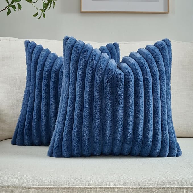 FUTEI Navy Blue Decorative Throw Pillow Covers Set of 2, 24x24 Inch Soft Fluffy Faux Fur Plush Striped European Cushion Cases, Modern Home Decor for Couch Bed Living Room