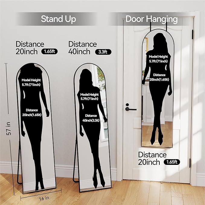 57x16 Door Hanging Full Length Mirror, Floor Stand (Height 5.7ft just Body in1.3ft) / Wall Mounted Metal Frame Arch Dressing Mirrors for Bedroom Living Room 57 inch Black