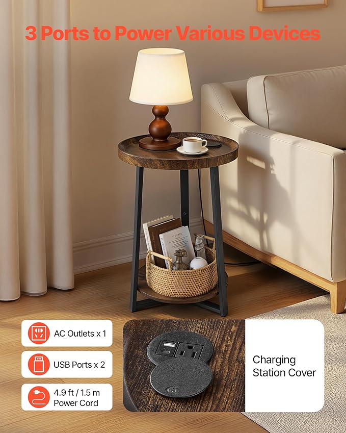 VEVOR Round Side Table with Charging Station, 15.7" Metal Round End Table with Storage Shelves, 4.9ft Power Cord, Modern Nightstand for Bedroom, Living Room, Office – Brown