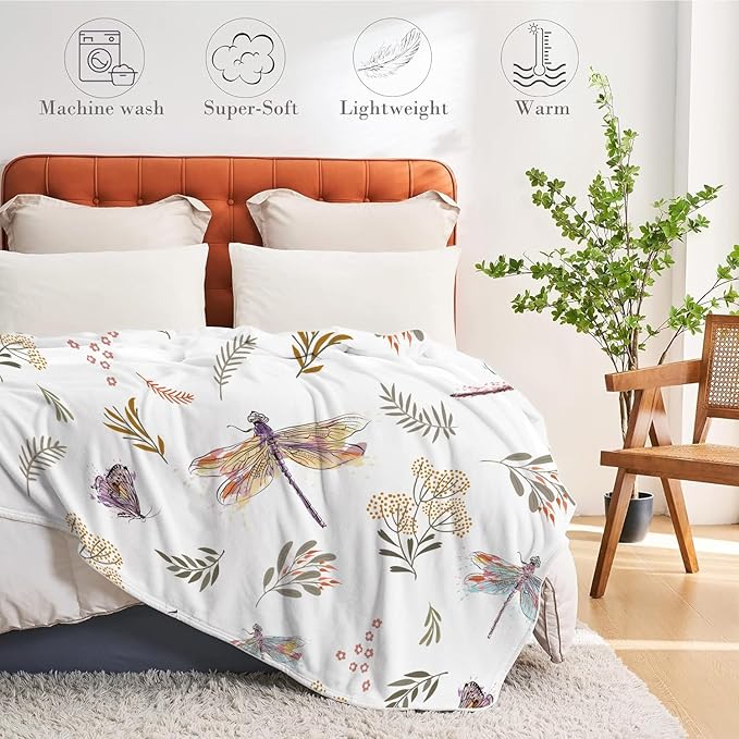 Dragonfly Throw Blanket Floral Flower Throw Blanket Botanical Plant Flannel Fleece Throw Blankets Butterfly Cozy Fuzzy Plush Throw Blankets for Bed Chair Couch 60" X 80"