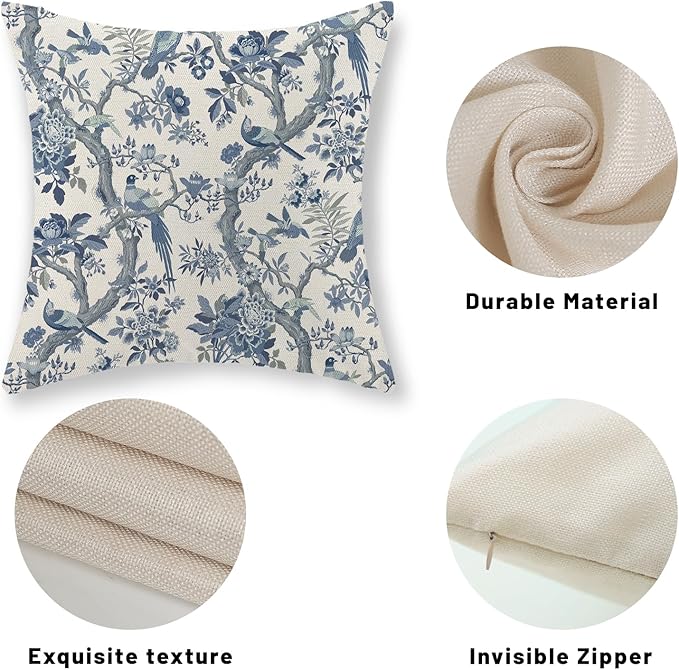 Chinoiserie Pillow Covers 16x16 Set of 2 Blue and White Bird Floral Throw Pillows Vintage Blue Flowers Decorations Outdoor Pillowcase Chinoiserie Decor Farmhouse Cushion Case for Couch Home