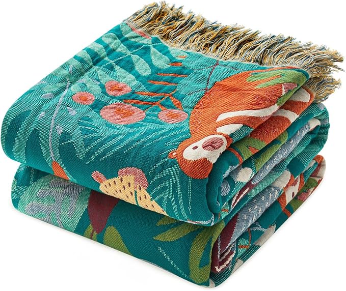 Throw Blanket for Bed Couch Sofa Soft Cotton Twin Spring Blankets for Bedroom Living Room All Season Reversible Forest Animals Embroidery Lightweight Quilt Whimsical Home Decor 60"x80"
