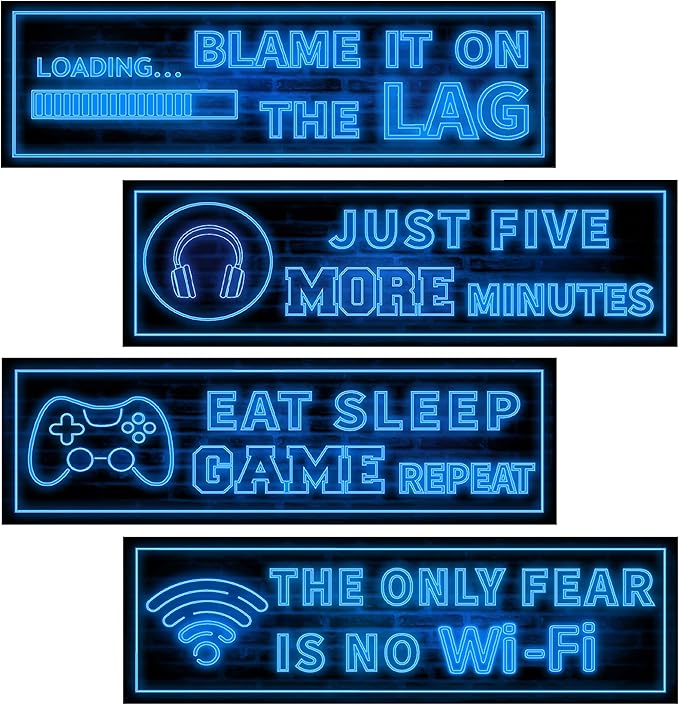 Eat Sleep Game Wall Decals Glow in The Dark, Gamer Controller Stickers Decor for Boy Bedroom, Joystick Video Gaming Kids Playroom Nursery Decoration (Blue)