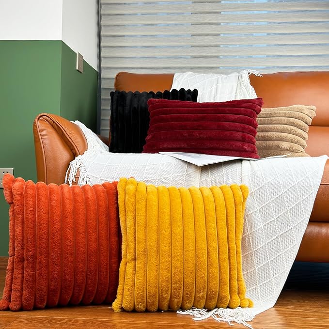 18x18 Throw Pillow Covers Set of 2, Decorative Faux Fur Covers for Bed, Couch Soft Fluffy Pillow Cover with Velvet Back for Living Room, Neutral Home Décor Accent for Sofa - Burnt Orange