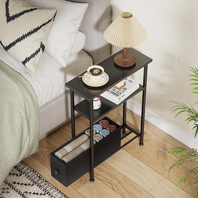 Narrow Small Side Table, End Table with 1 Fabric Drawer and Storage Shelf, 3-Tier Skinny Nightstand, Slim Bedside Table for Living Room, Bedroom, Black