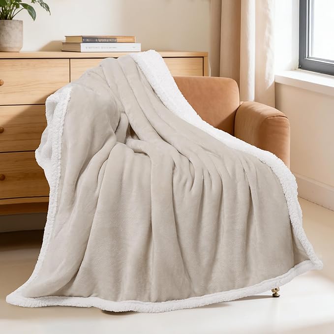 BEAUTEX Sherpa Beige Cream Fleece Throw Blankets, Soft Fluffy Flannel Plush Blanket and Throw, Fuzzy Cozy Cuddle Blankets for Couch Bed Sofa Adults (50" x 60")