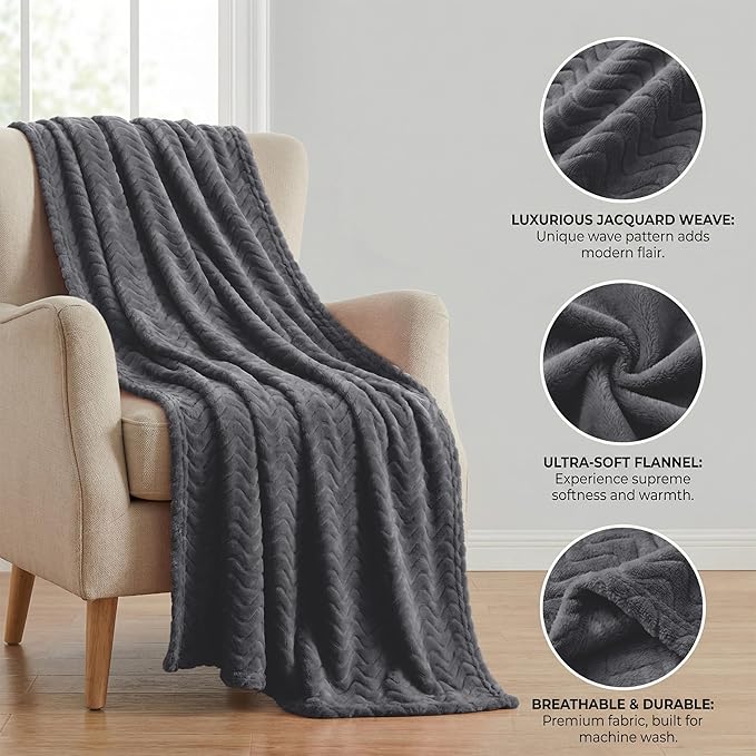 Exclusivo Mezcla Twin Blanket for Bed, Cozy Lightweight Fleece Blankets for All Season, Decorative Giftable Fuzzy Plush Wave Textured Suitable for Women, Men, Dark Grey, 90x66 Inches