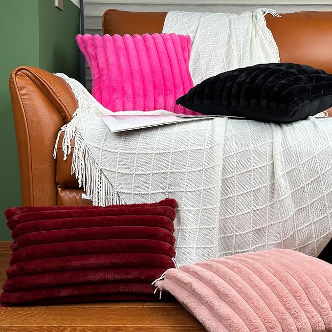 16x16 Throw Pillow Covers Set of 2, Decorative Faux Fur Covers for Bed, Couch Soft Fluffy Pillow Cover with Velvet Back for Living Room, Neutral Home Décor Accent for Sofa - Black