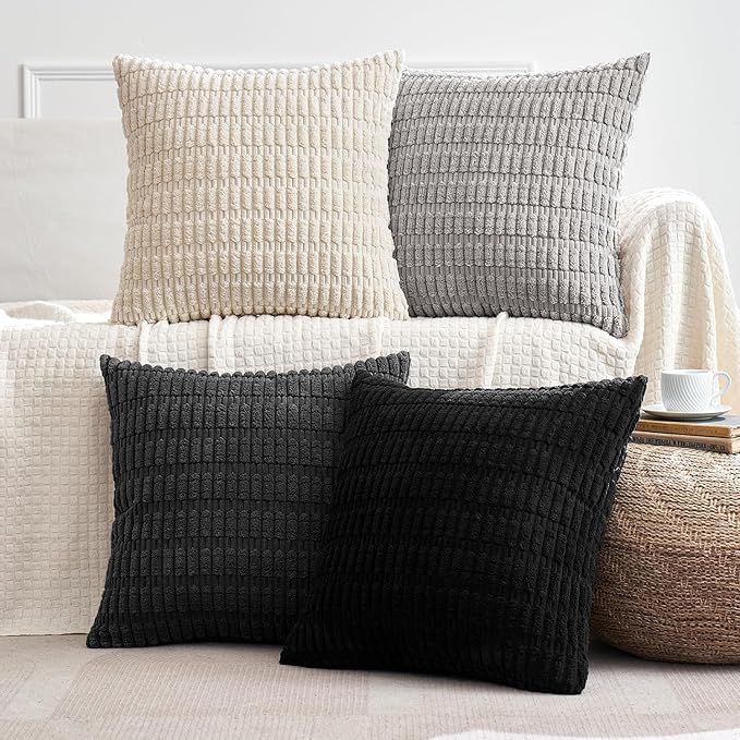MIULEE Halloween Pack of 4 Neutral Mid Century Black and White Corduroy Decorative Throw Pillow Covers 18x18 Inch Modern Soft Striped Pillow Covers Home Decor for Sofa Living Room Couch Bed