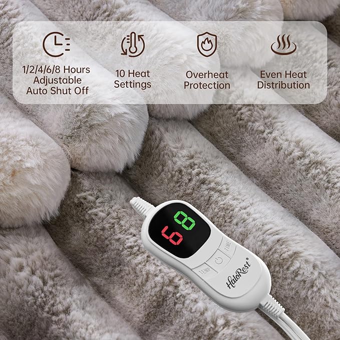 Heated Throw Blanket, Faux Fur Cozy Heating Blanket with Overheat Protection, 1/2/4/6/8 Hours Auto-Off 10 Heat Level, Machine Washable (62x84 Inches, Tie-Dye Light Grey)