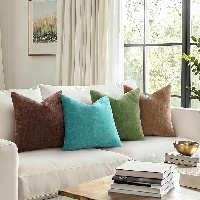 decorUhome Chenille Reddish Brown Throw Pillow Covers 24x24 Inch Set of 2, Decorative Soft Couch Pillow Covers Solid Dyed Accent Farmhouse Neutral Square Pillow Cases for Sofa