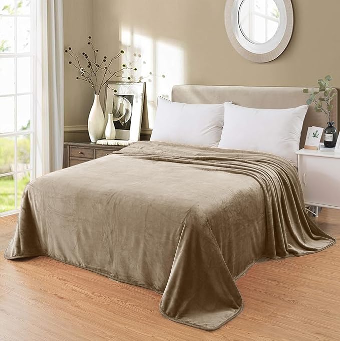 Fleece Blankets for All Season - Premium Lightweight Anti-Static Throw for Queen/Full Size Bed Extra Soft Brush Fabric Warm Sofa Thermal Blanket 90" x 90"(Taupe)