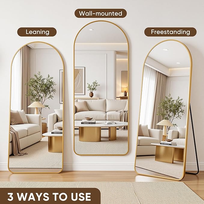 Antok Full Length Mirror, 58"x18" Floor Mirror with Stand, Hanging Mounted Mirrors for Bedroom, Living Room, Cloakroom, Dining Room, Gold, Arch