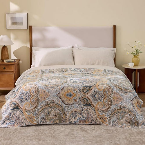 100% Cotton Boho Throw Blanket for Home Decor – Classic Farmhouse Quilt Bedding, Muslin Blankets for Adults, Vintage Woven Decorative Blanket for Couch, Bed Layering Use, Paisley Pattern, 90"x90"