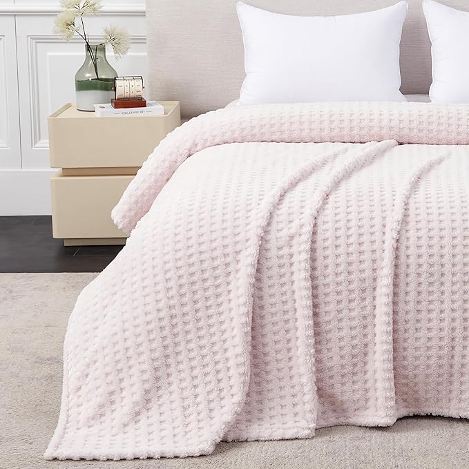 Soft Cozy Fuzzy Fleece Queen Size Blanket, Waffle Light Pink, 90x90 Inches – Lightweight, Fluffy, and Warm 3D Jacquard All-Season Blanket for Bed, Couch, Sofa, Camping, and Travel